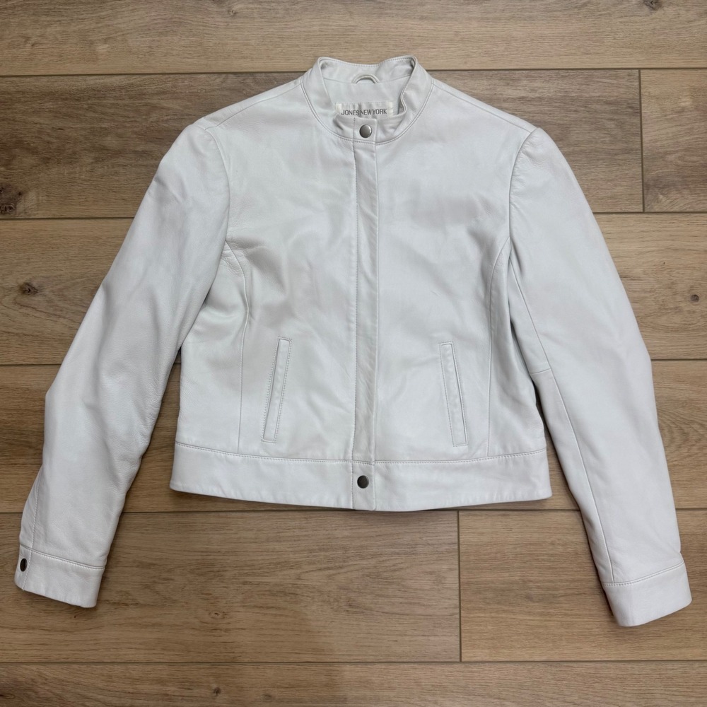 Jones New York White Leather Biker Jacket Minimalist Mandarin Collar Size 6 READ